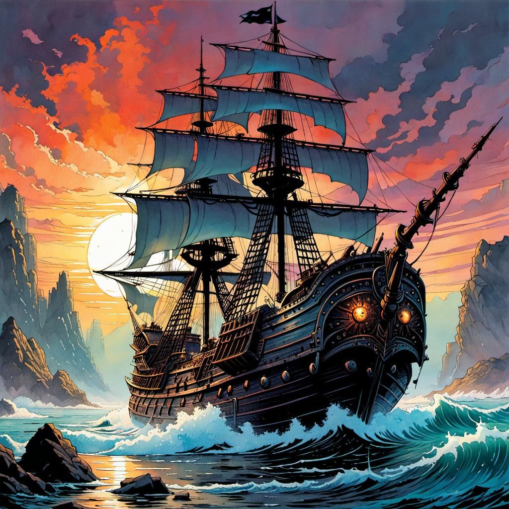 Iron Pirate Ship in Watercolor Comic Art