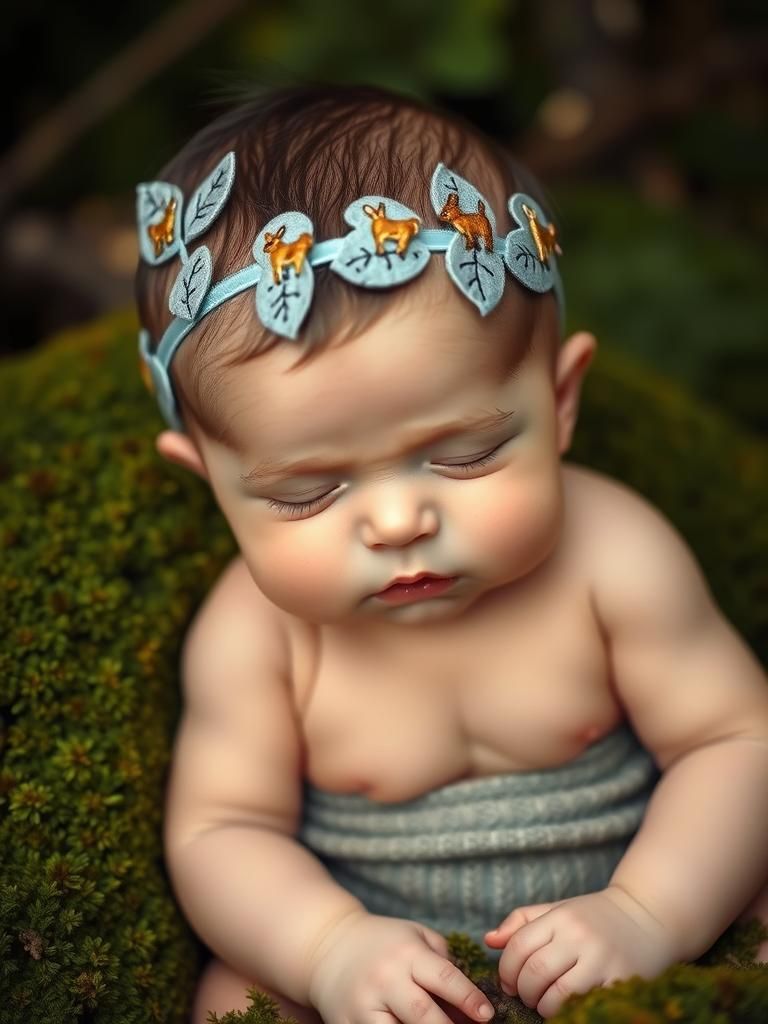 Newborn in Mossy Forest, Storybook Illustration