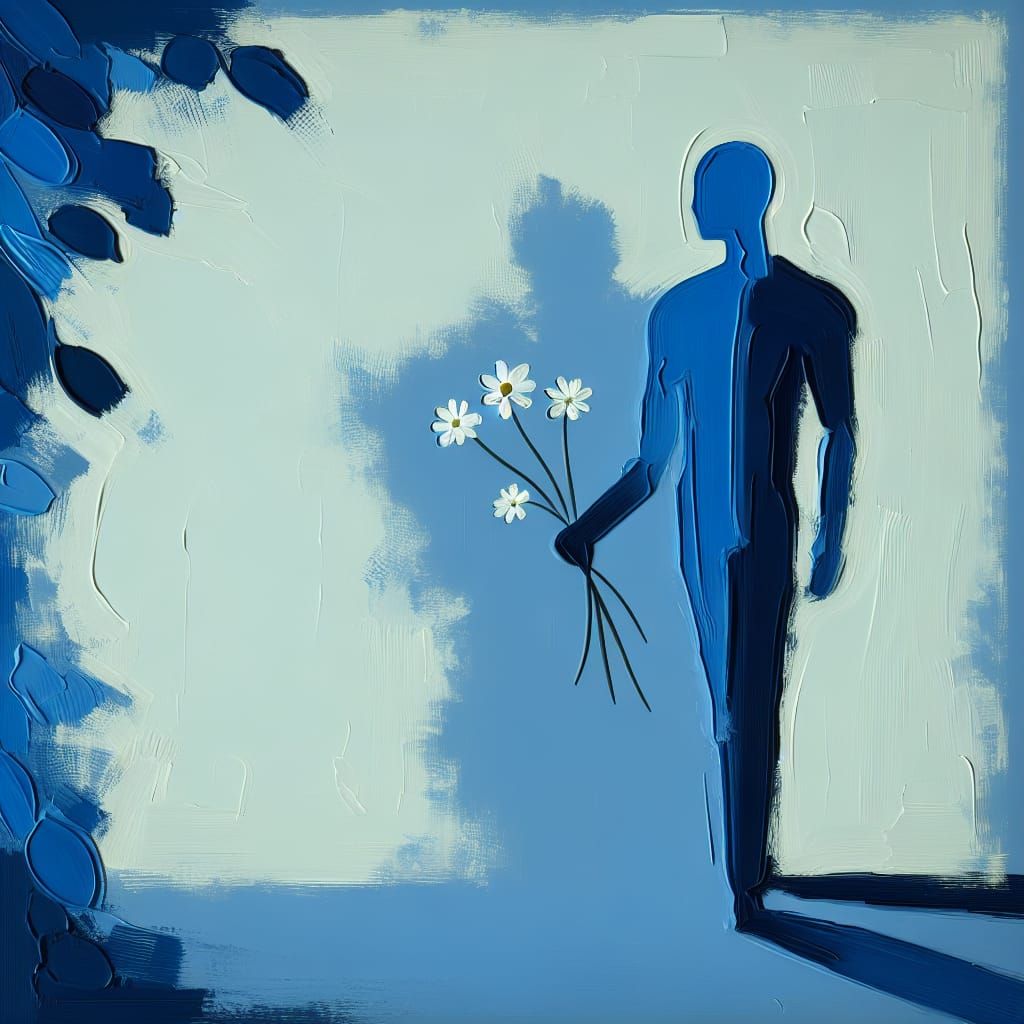 Minimalist Blue Silhouette with Daisies Painting