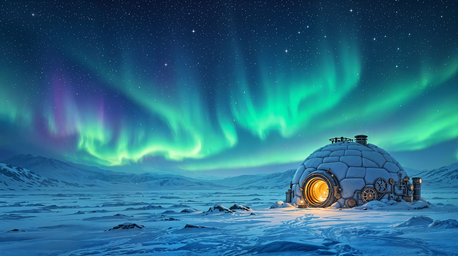 Ethereal Steampunk Oasis Under Northern Lights