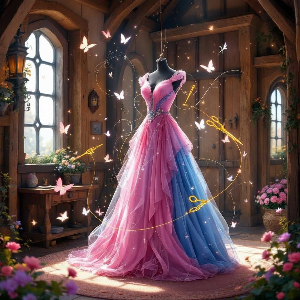 Elegant Pink and Blue Disney Gown Floating in Medieval House