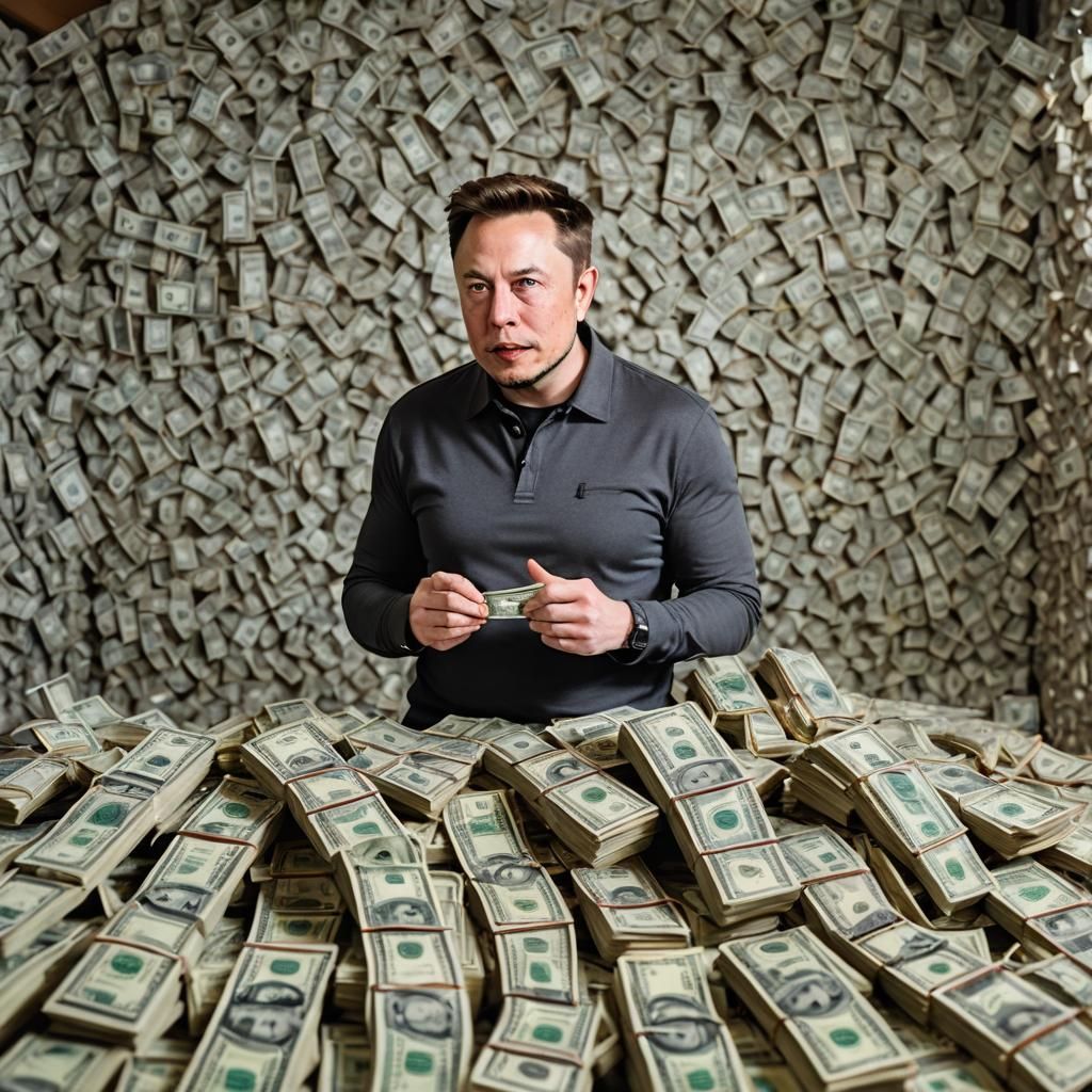 Elon Musk Surrounded by Dollar Bills