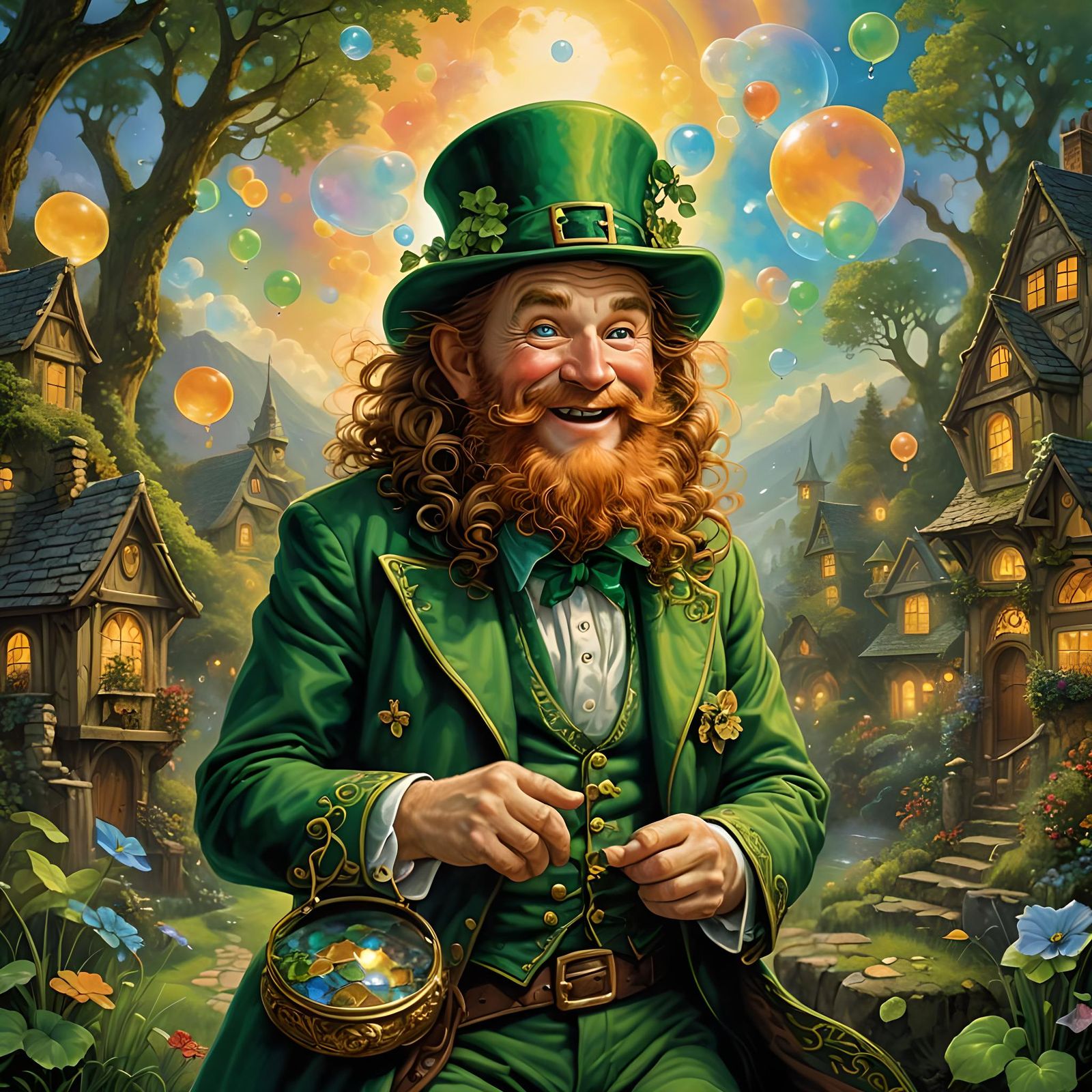 Happy Leprechaun Illustration in Kinkade-Wall Style