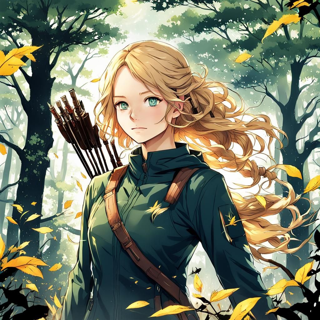Blonde Anime Hunter in Hunger Games Forest