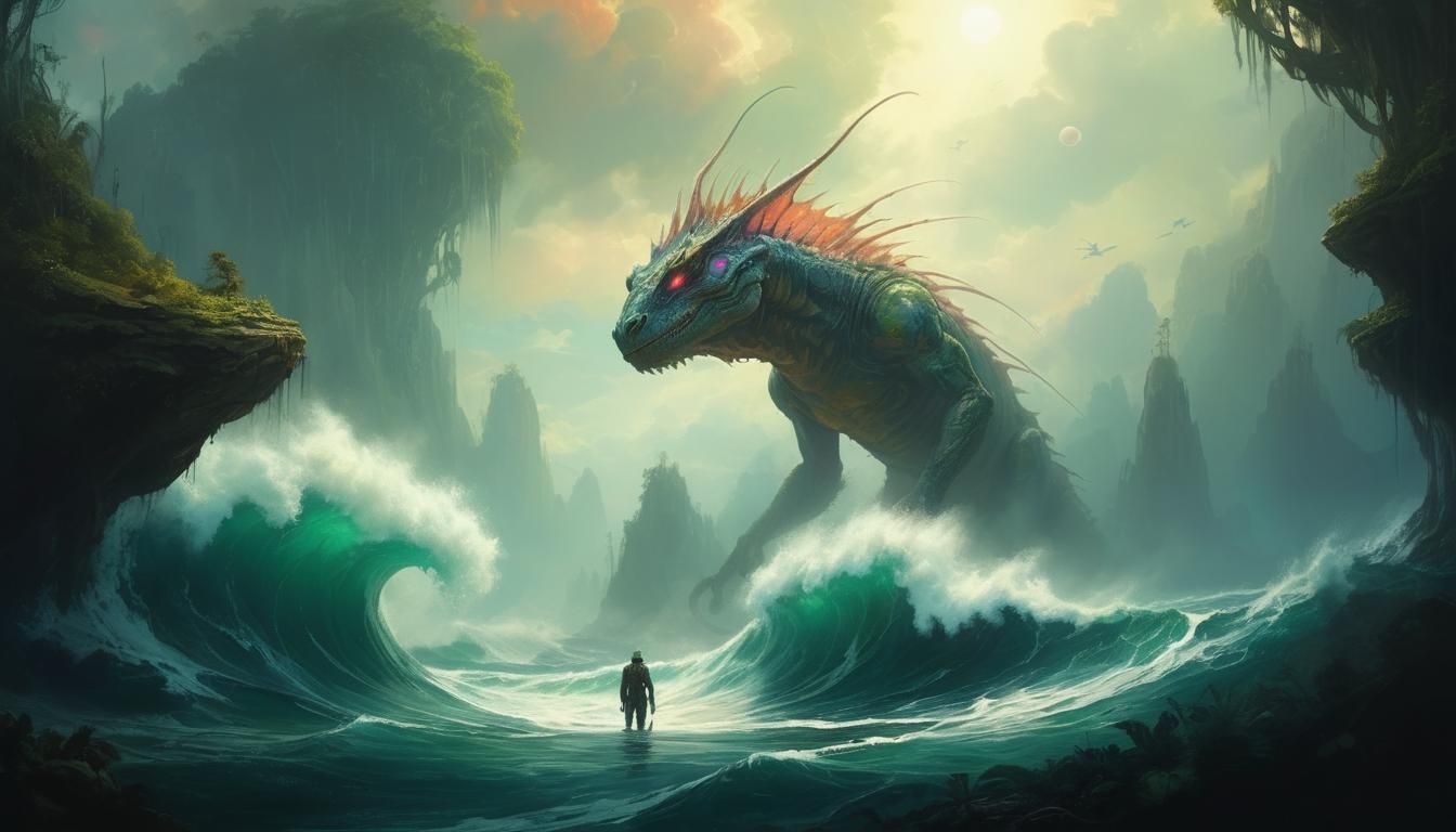 Bio-Engineered Reptile on Alien Planet in Oil Painting Style