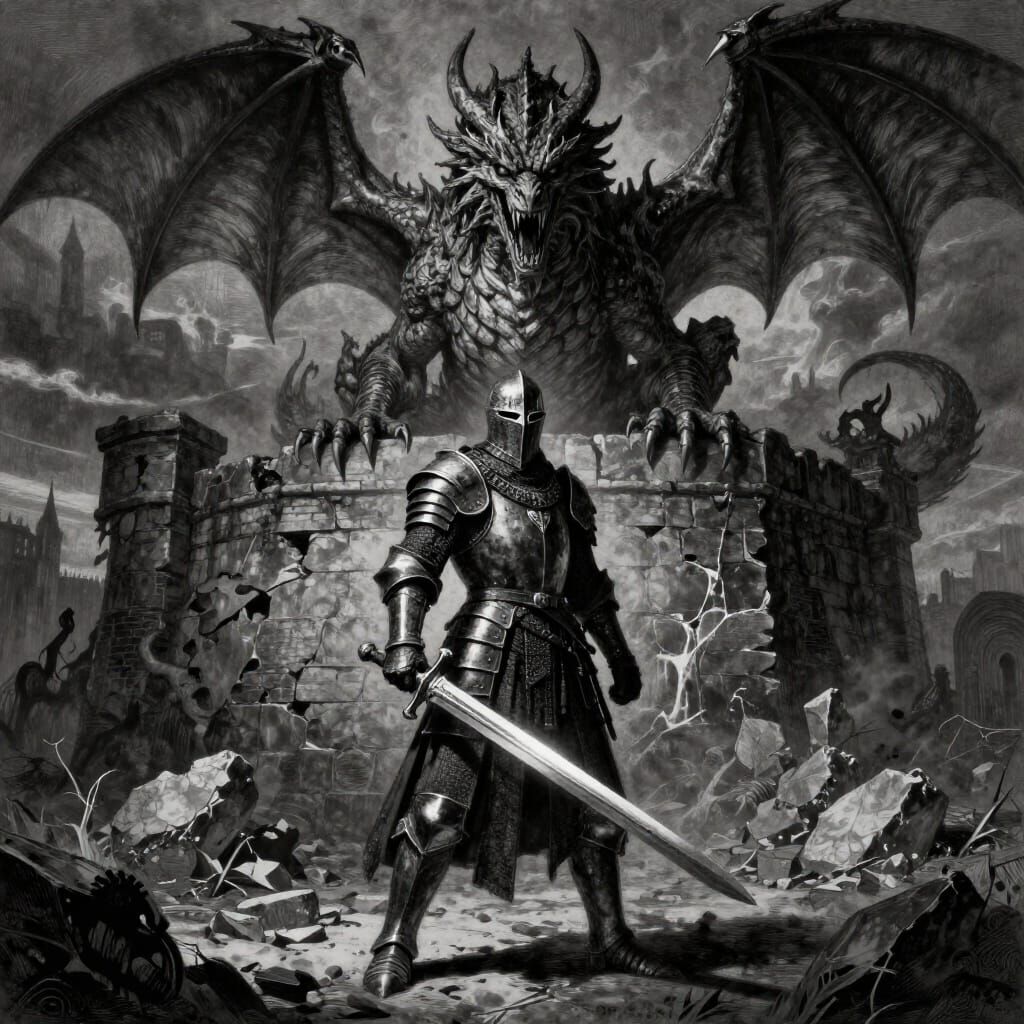 Knight Battles Colossal Dragon in Dramatic Black and White