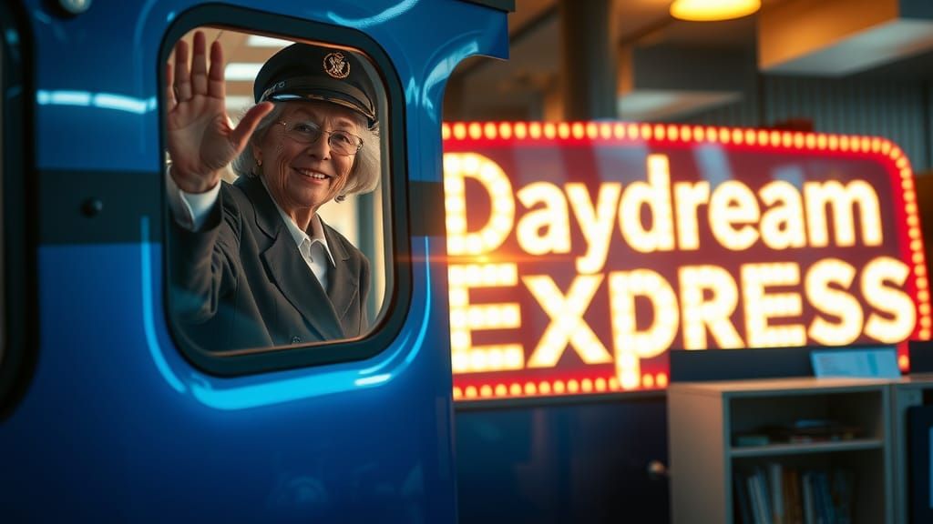 Magical Train Conductor Soaring Above Office, Whimsical Movi...