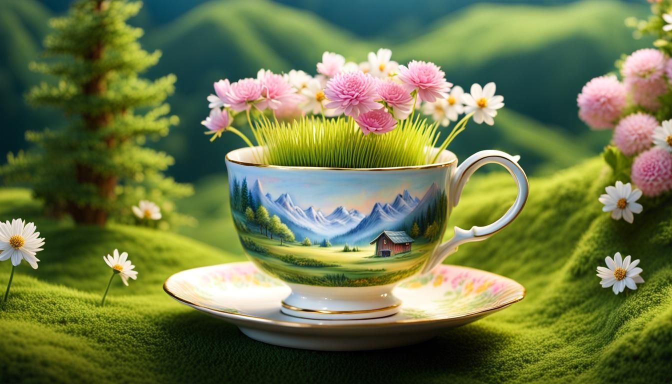 Pastel Village Inside Teacup, Studio Lighting