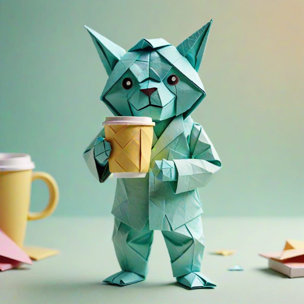 Comical Origami Character's Morning Coffee in Papercraft Sty...