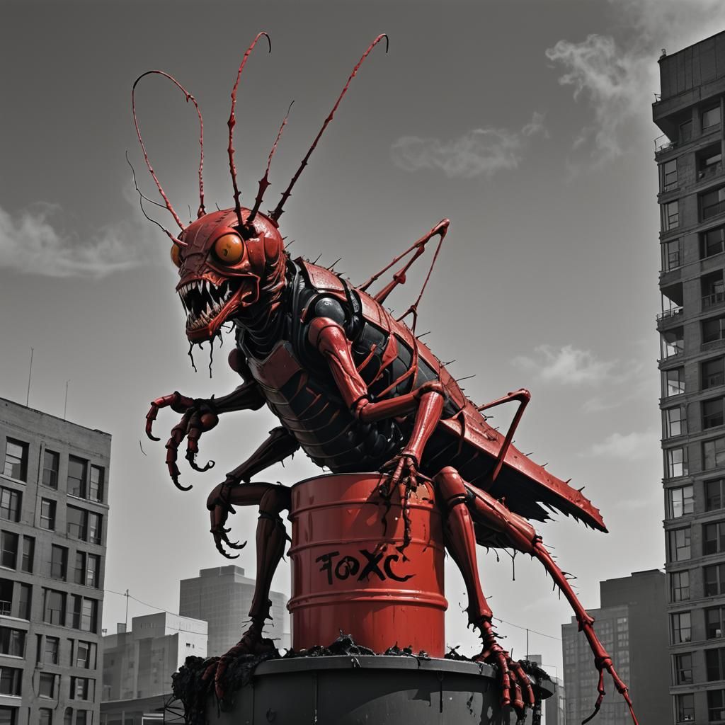 A gripping, high-contrast image of a mutant cricket-humanoid, its eyes blaze red with fury and its mouth twisted in rage...