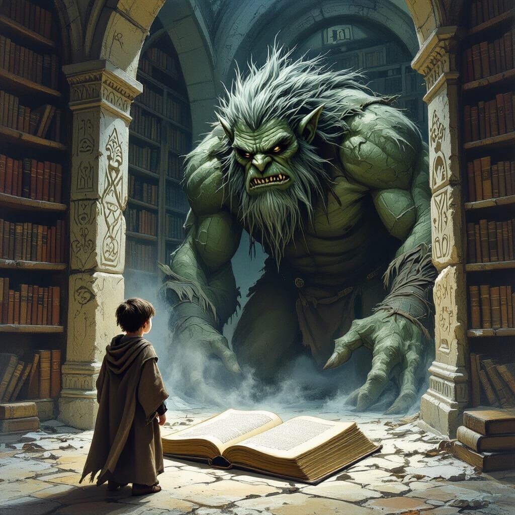 Boy and Troll in Ancient Library, Howe/Lee Style