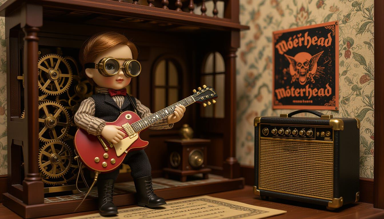 Steampunk Dollhouse with Guitarist Doll and Motörhead Poster