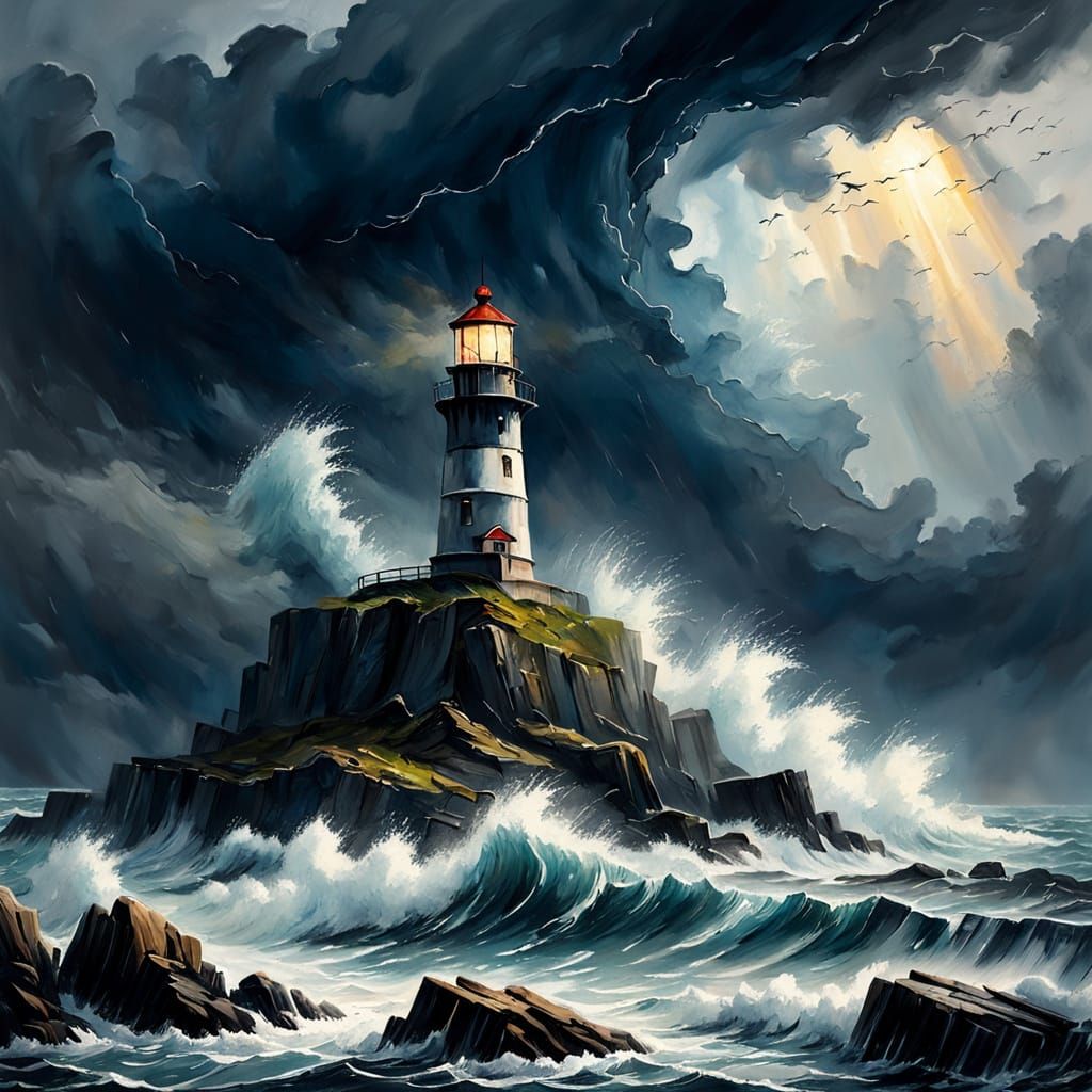 Stormy Lighthouse Gouache Painting with Impasto Textures