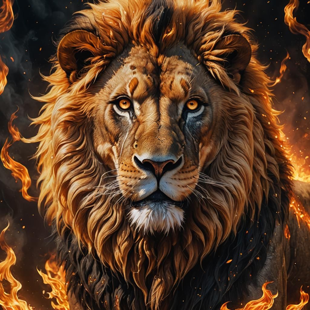 Fiery Lion Fantasy Creature in Hyper-Realistic Art