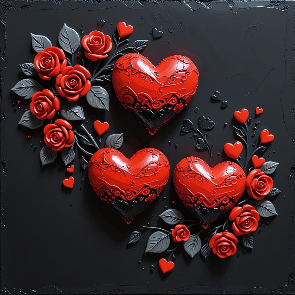 Impasto Oil Painting of Intricate Red and Black Hearts