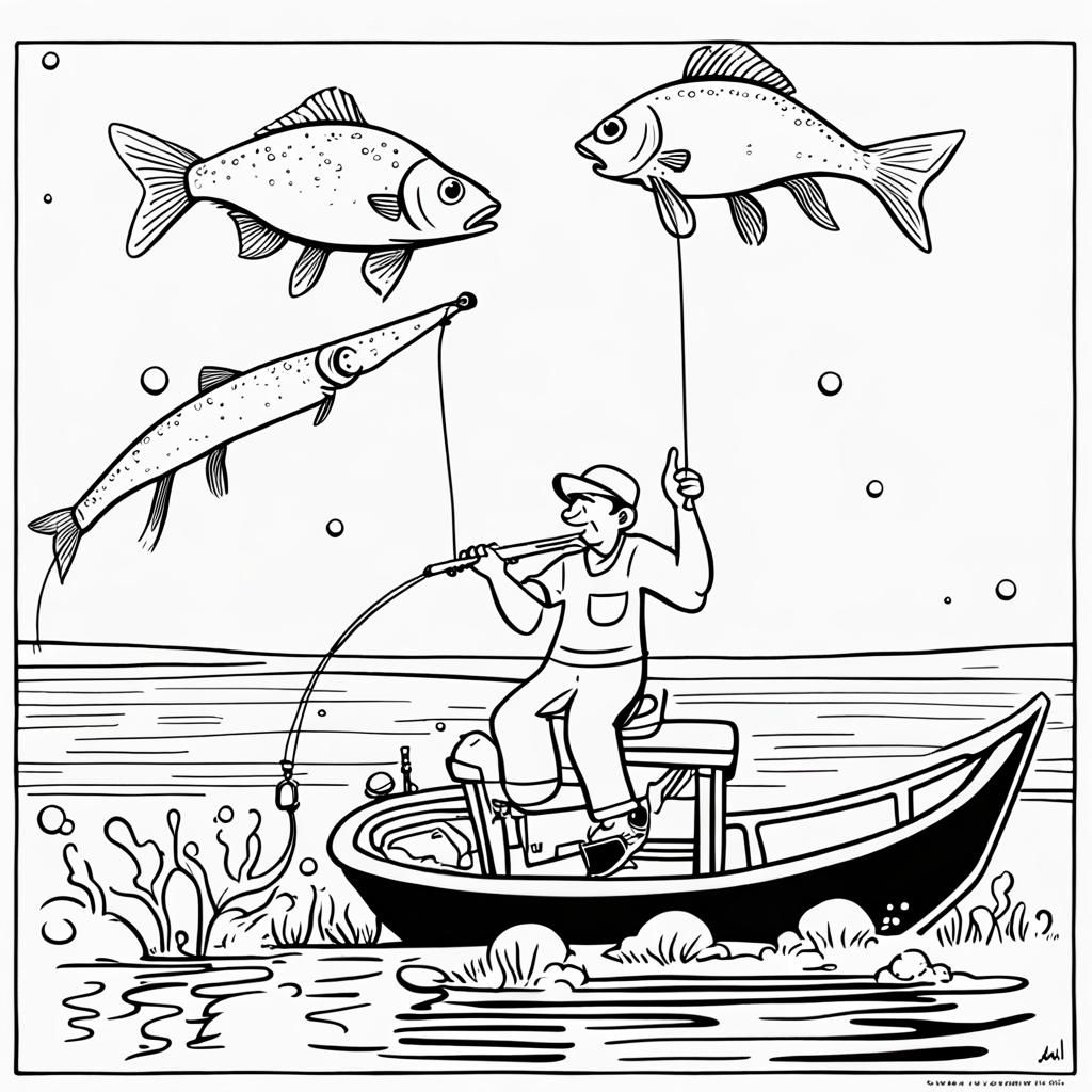 Cartoon Fisherman with Floating Boat in Detailed Matte Paint...