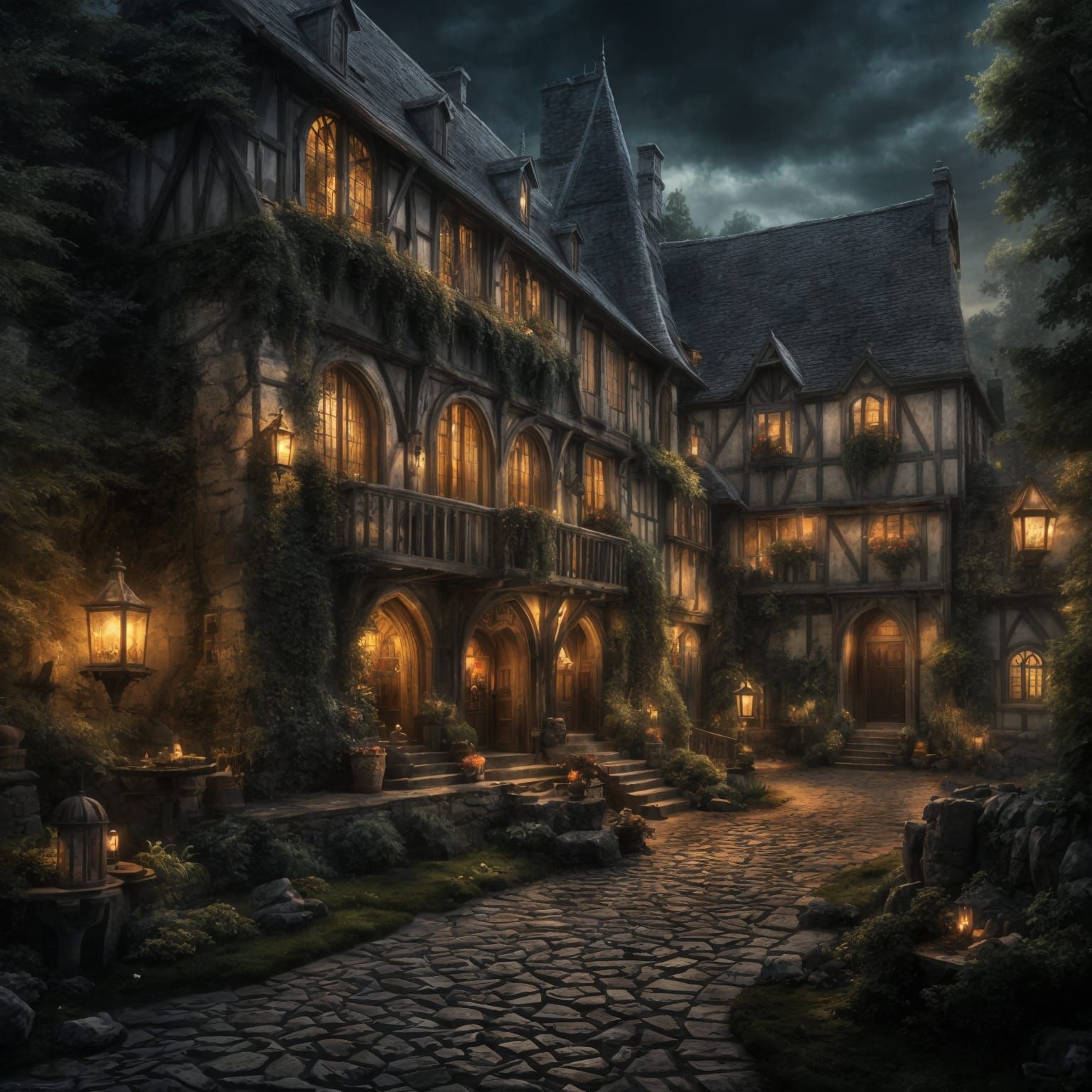 Medieval Dark Fantasy French Inn Digital Painting