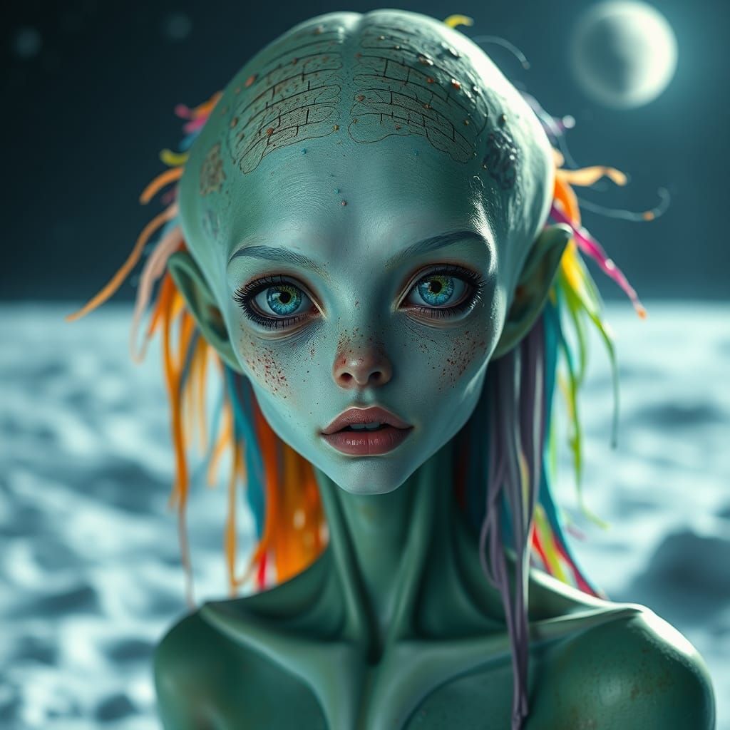 Alien with Ink Hair on Comet, in Surreal Style