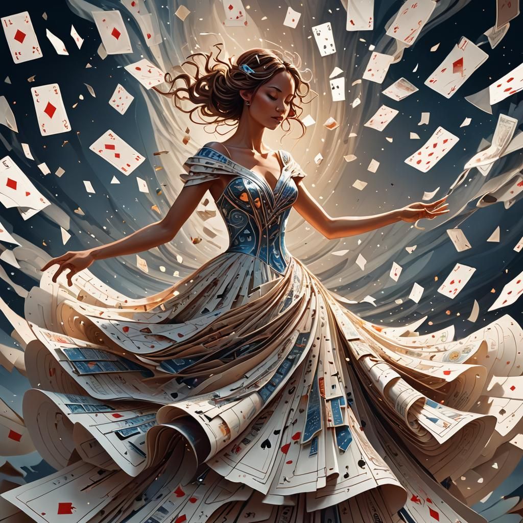 a woman in a dress made out of playing cards