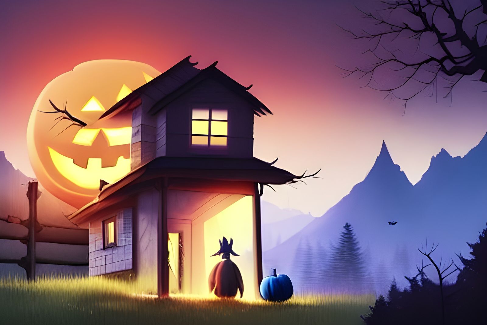 Cozy Halloween Cabin in Anime Style