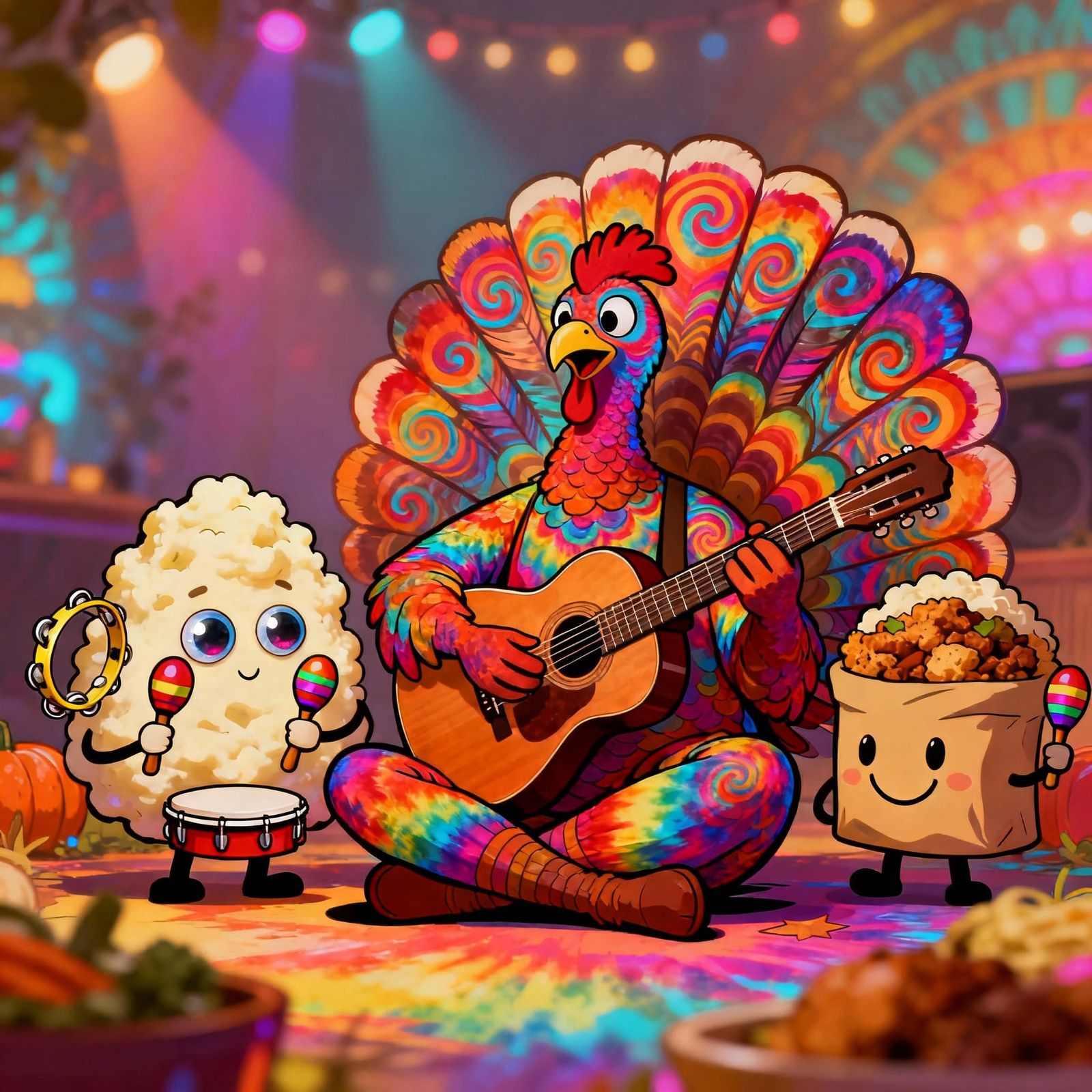 Psychedelic turkey having mellow hippie jam session with ant...