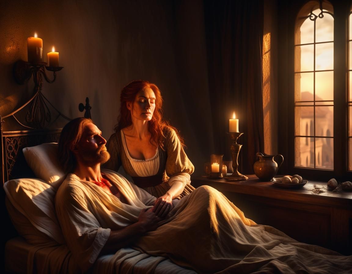 Renaissance Scene: Woman Attending Wounded Man