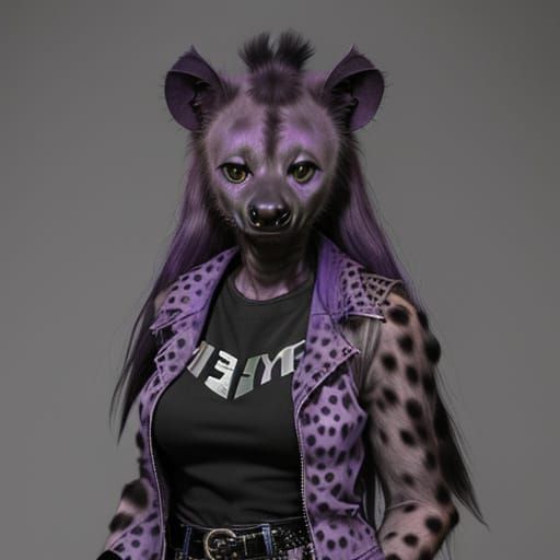 Feminine Hyena Character with Denim Vest and Purple Hair