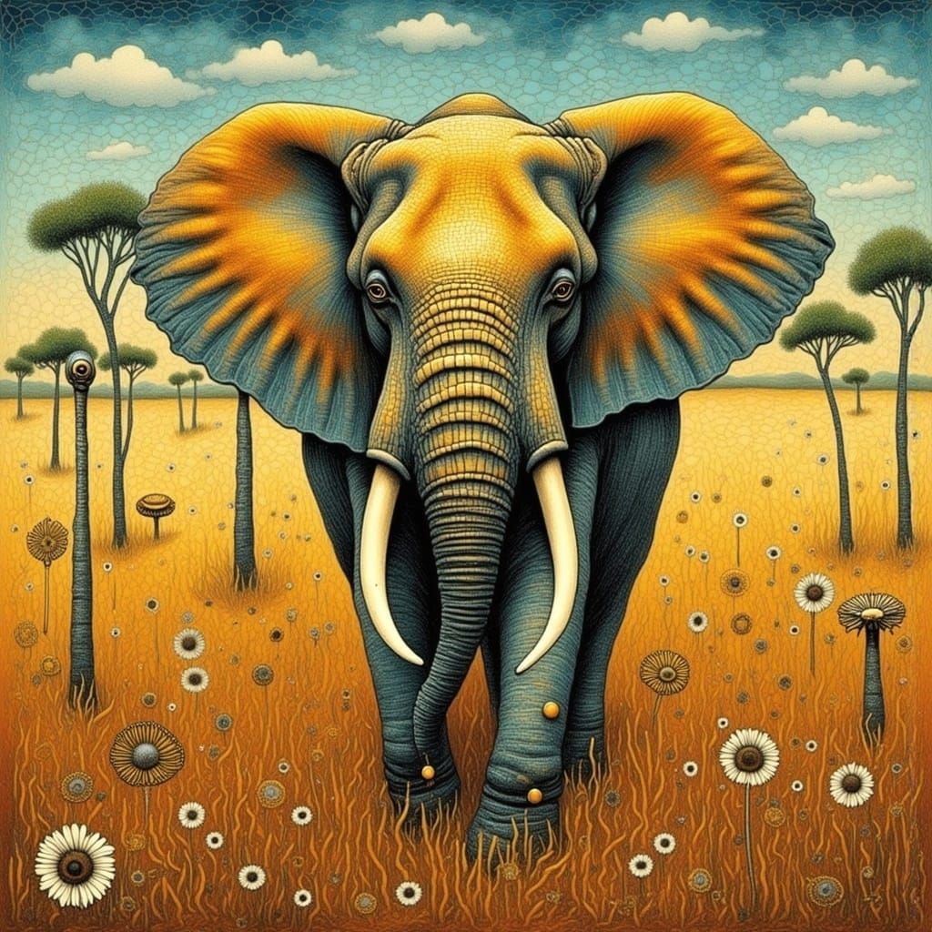 Majestic Elephant in Golden Savannah, in Style of Gaudí and ...