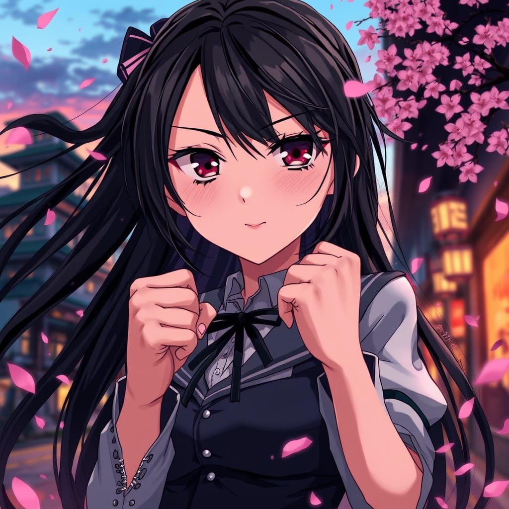 Mysterious Anime Girl in Kyoto Cityscape