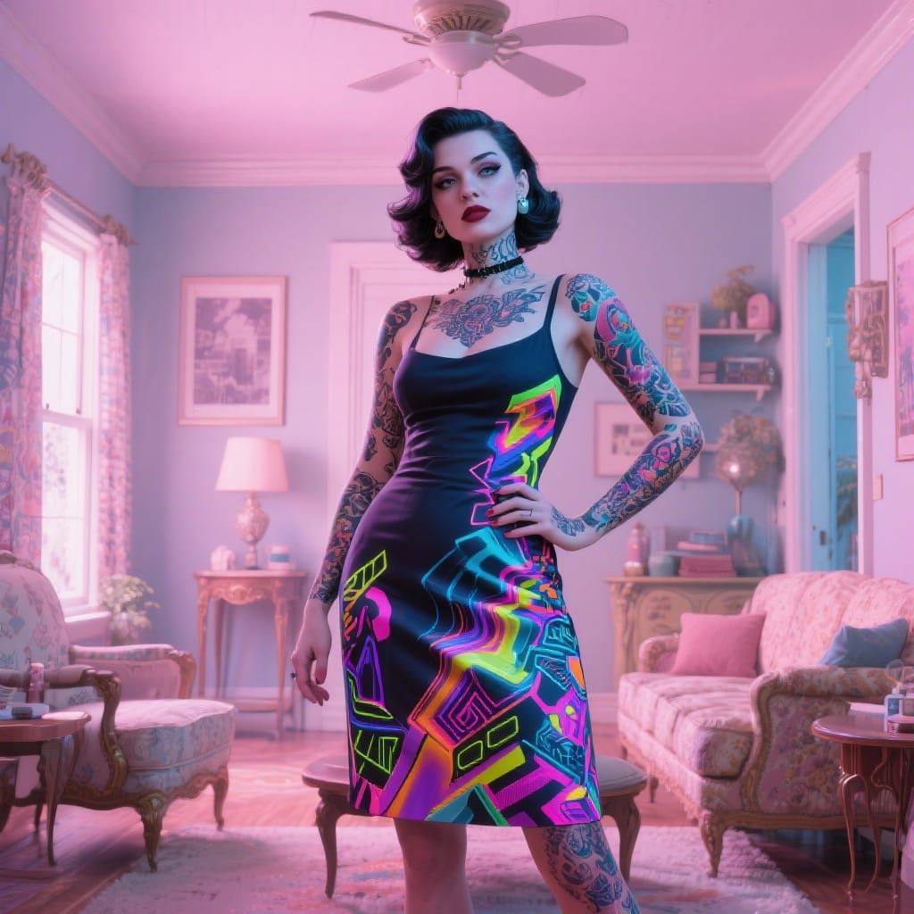 Tattoo Artist in 1950s Home, 80s Retro Futurism Style