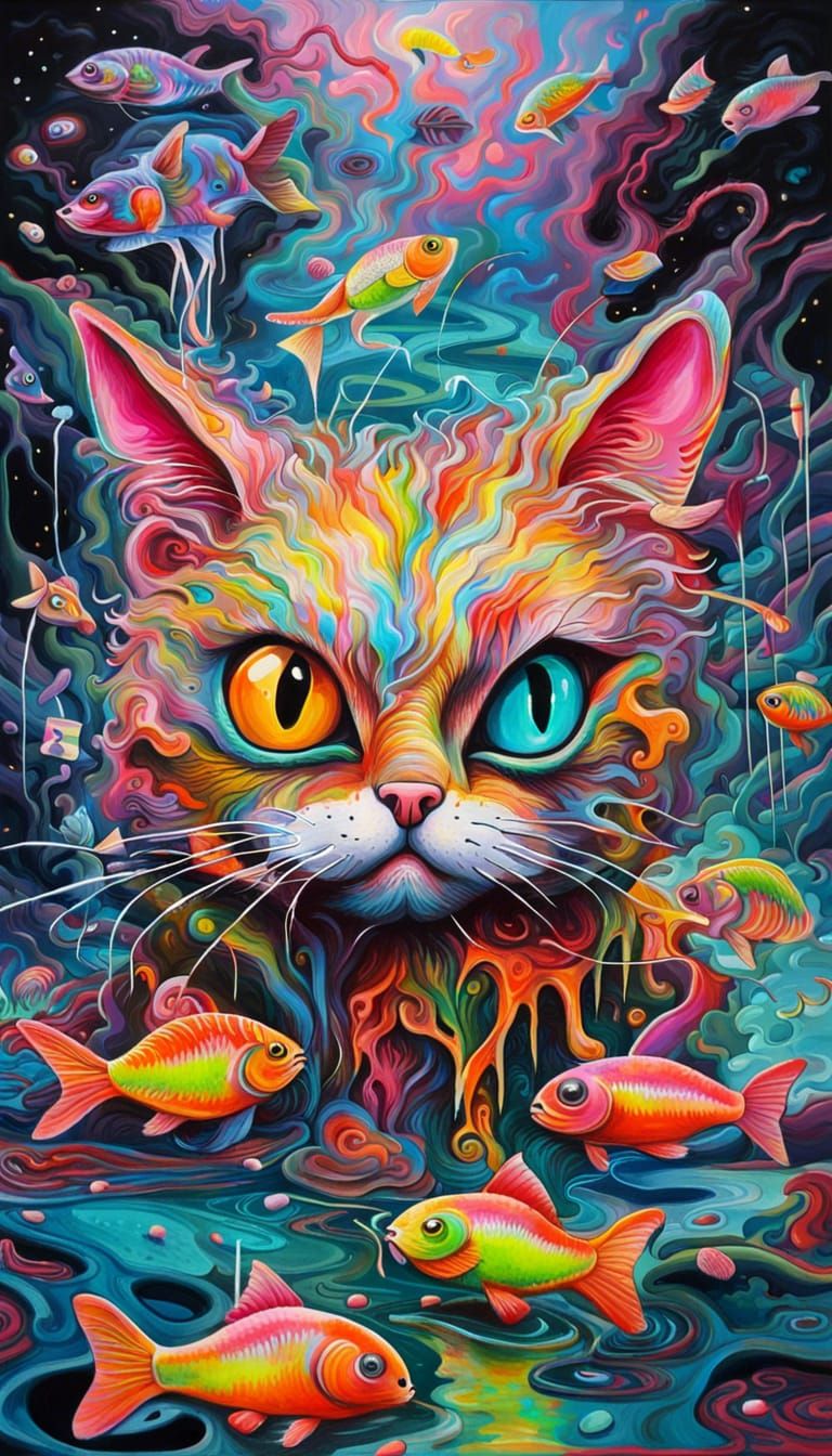 Trippy Cat Fishing in Psychedelic Surrealism