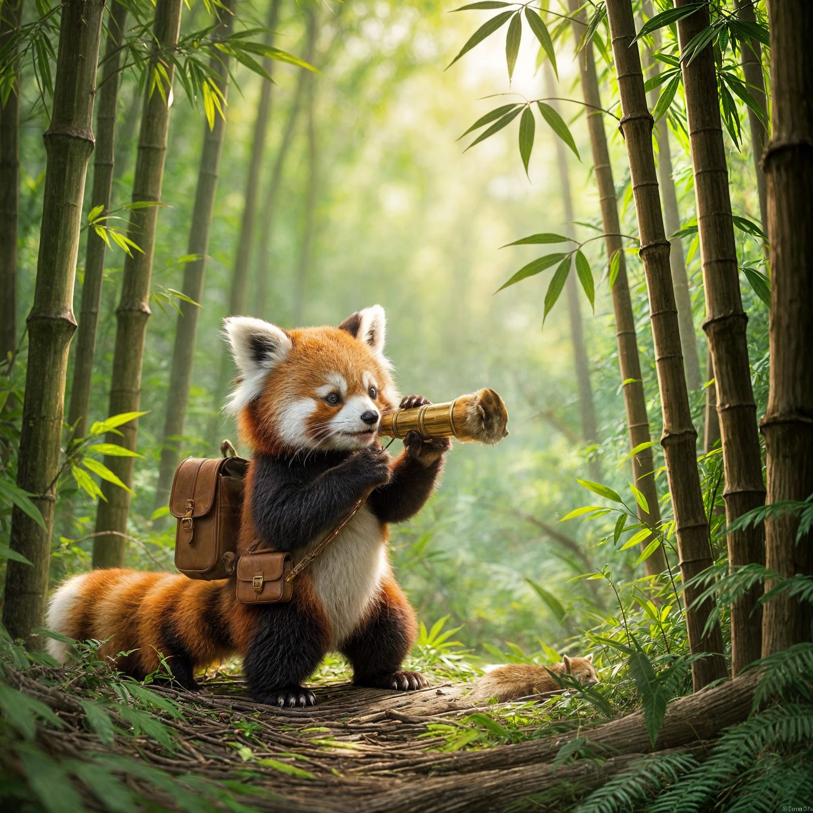 Red Panda Explorer in Bamboo Forest with Telescope
