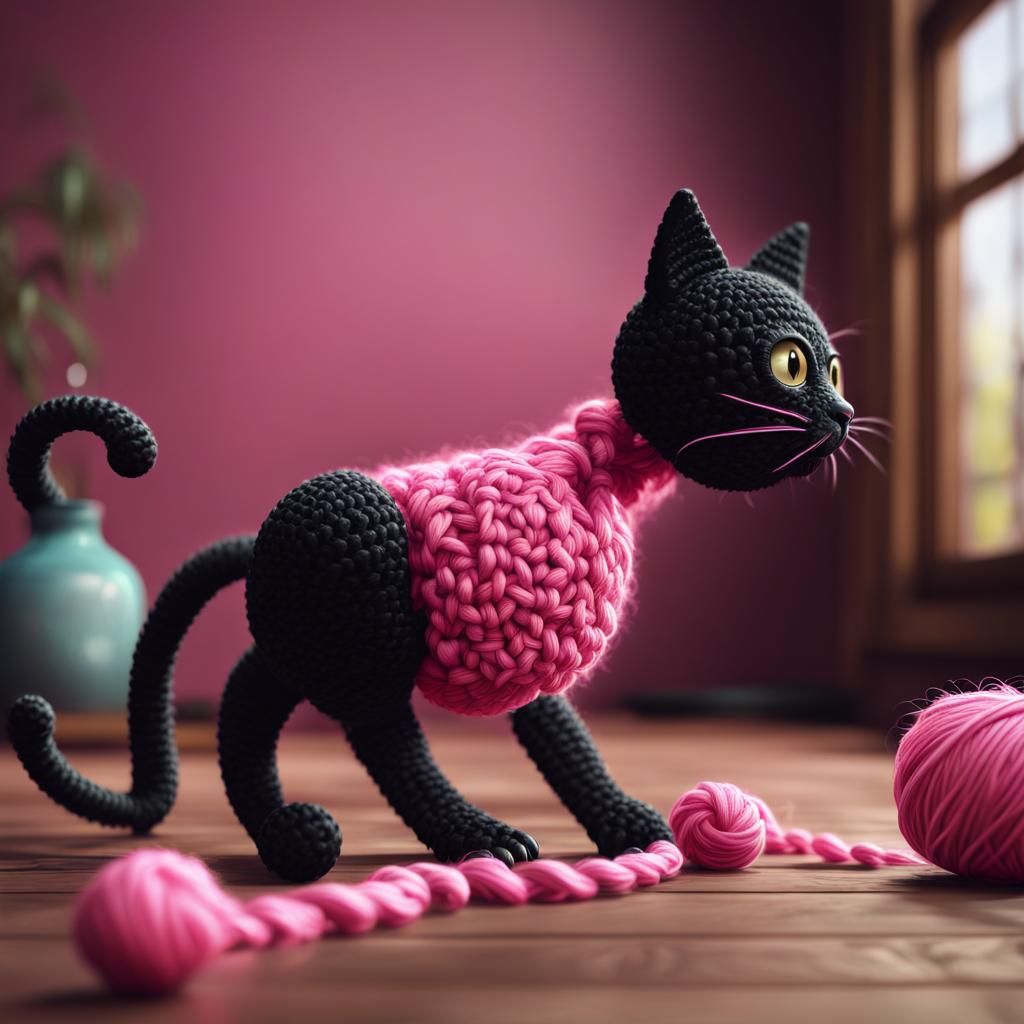 Pink Crochet Cat on Wood Floor