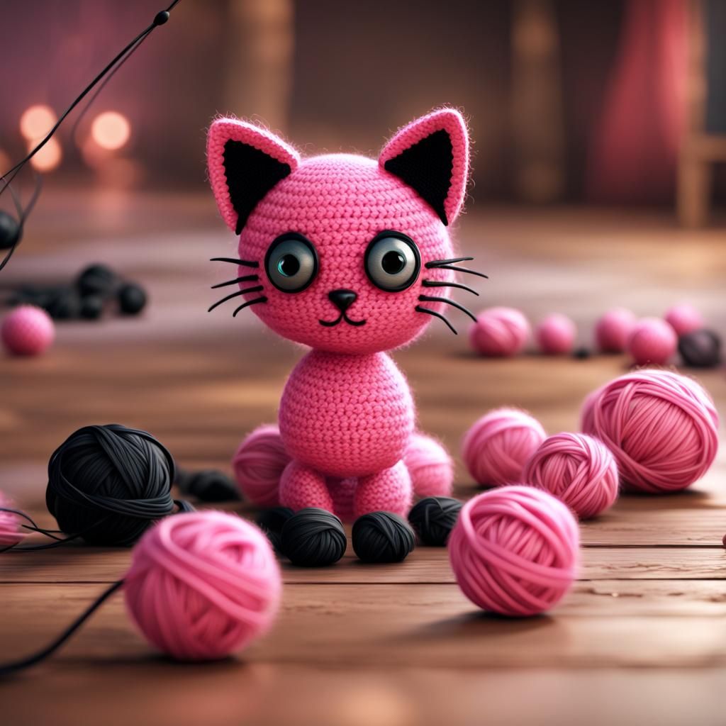 Pink Crochet Cat with Yarn, Detailed Matte Painting