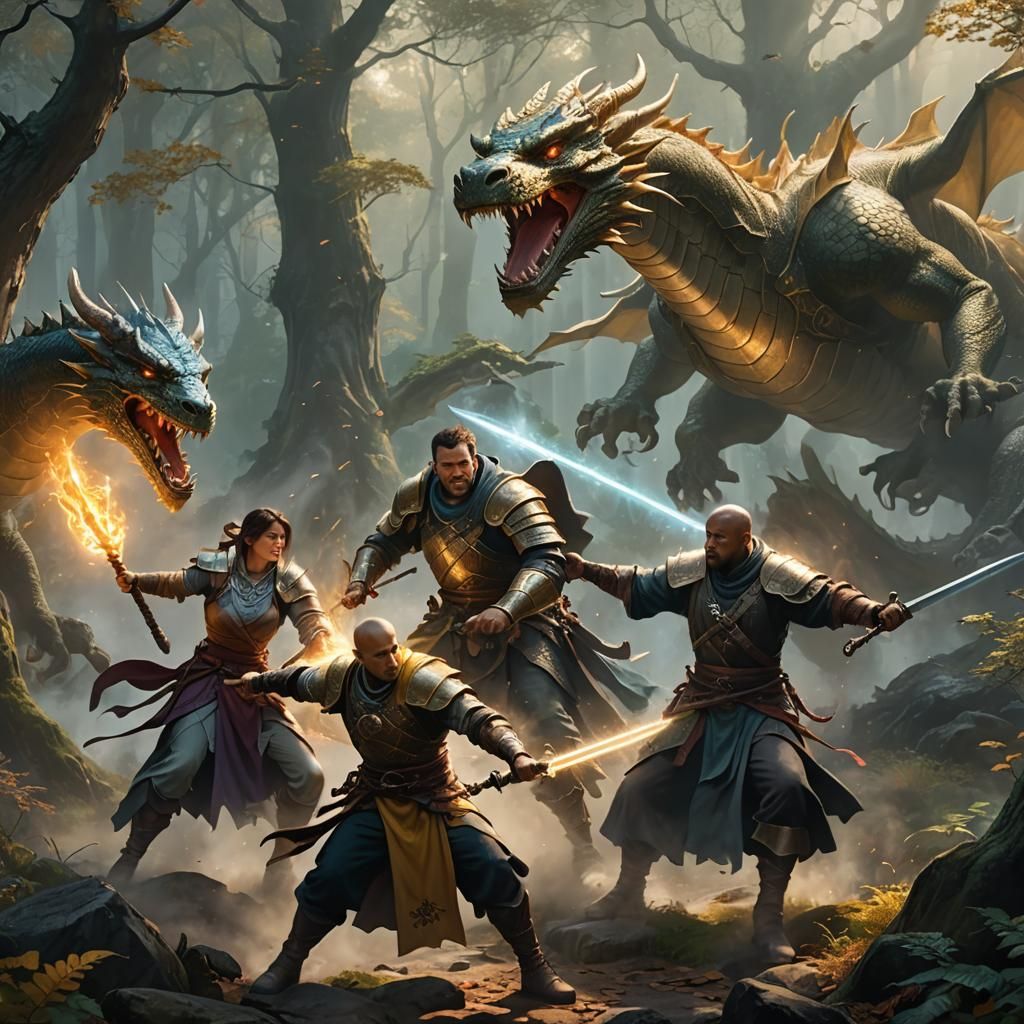 Paladin and Rogues Fighting Dragon in Misty Forest