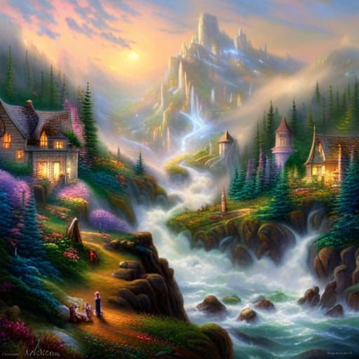 Ethereal Hidden Valley with Skyscrapers in Mist