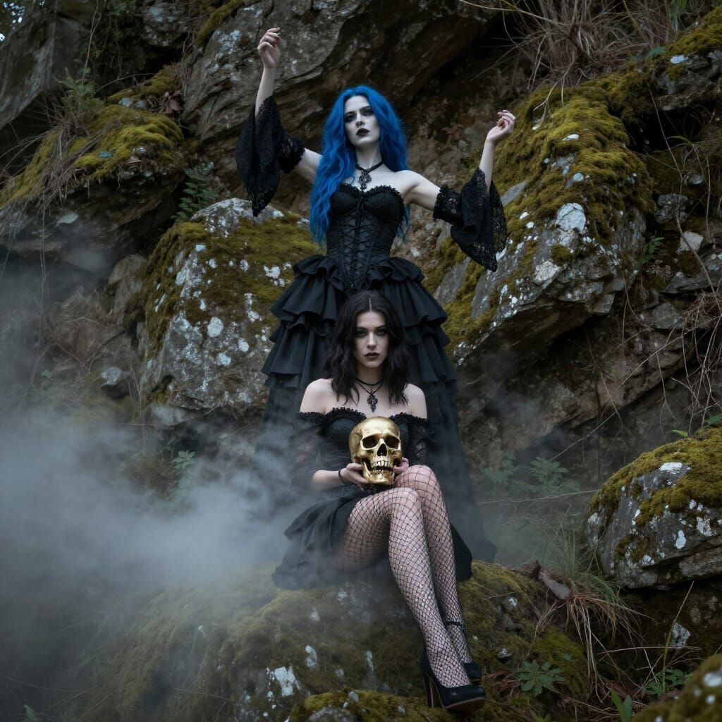 Gothic Fantasy Women on Mossy Hillside with Ornate Skull