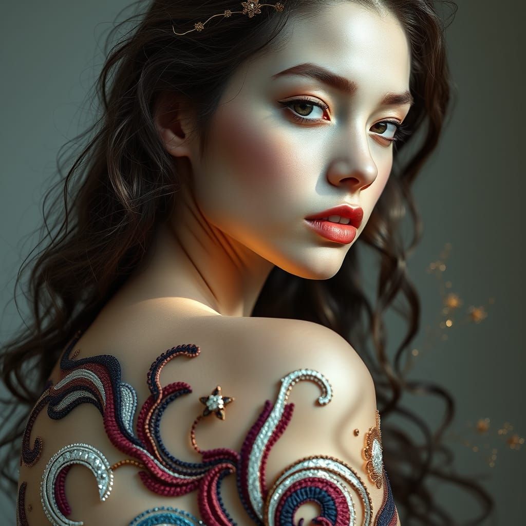 Woman in Embroidered Silk: Hyperrealistic 3D Anime Art