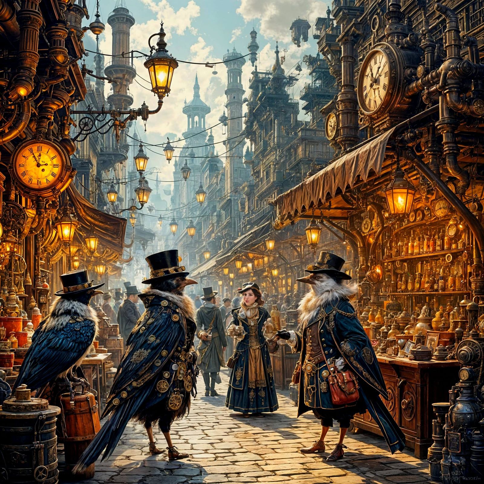 Steampunk Avian Market With Clockwork Wonders