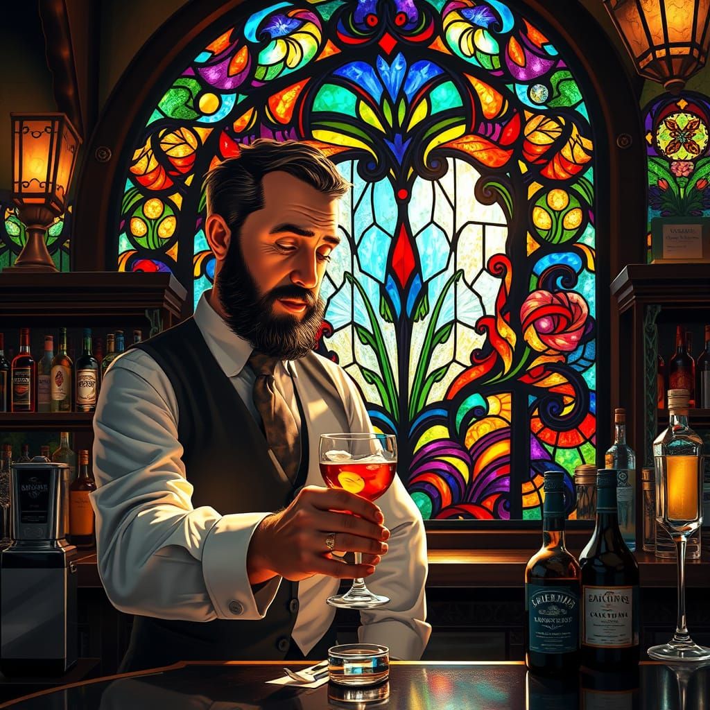 Bartender Surrounded by Stained Glass in Psychedelic Art