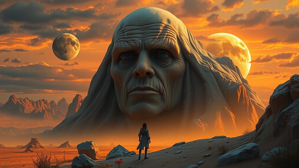 Mysterious Desert Landscape with Ancient, Wrinkled Man's Fac...