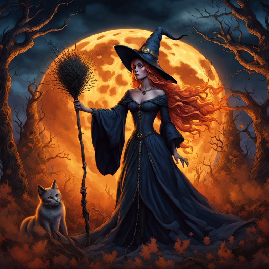 Witch Queen Rides Broom Under Harvest Moon