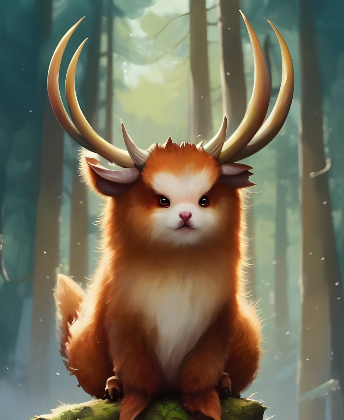 Fluffy Horned Woodland Creature Digital Illustration