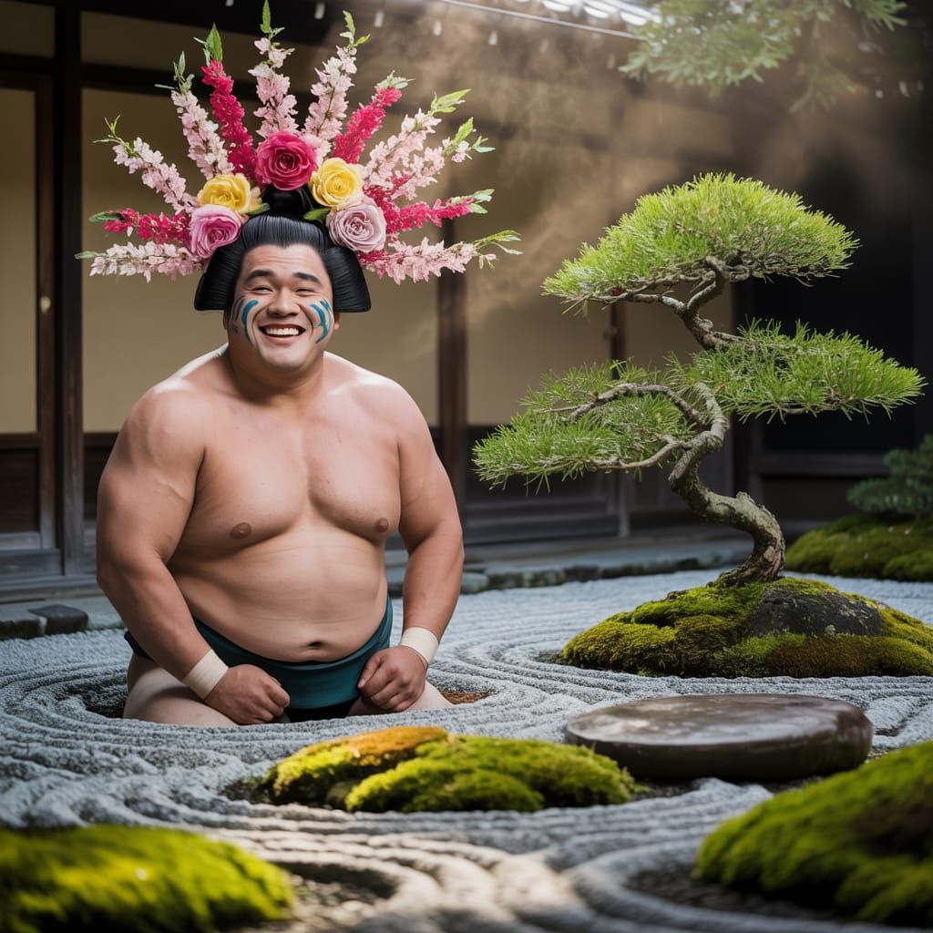 Sumo Wrestler in Zen Garden with Floral Headdress