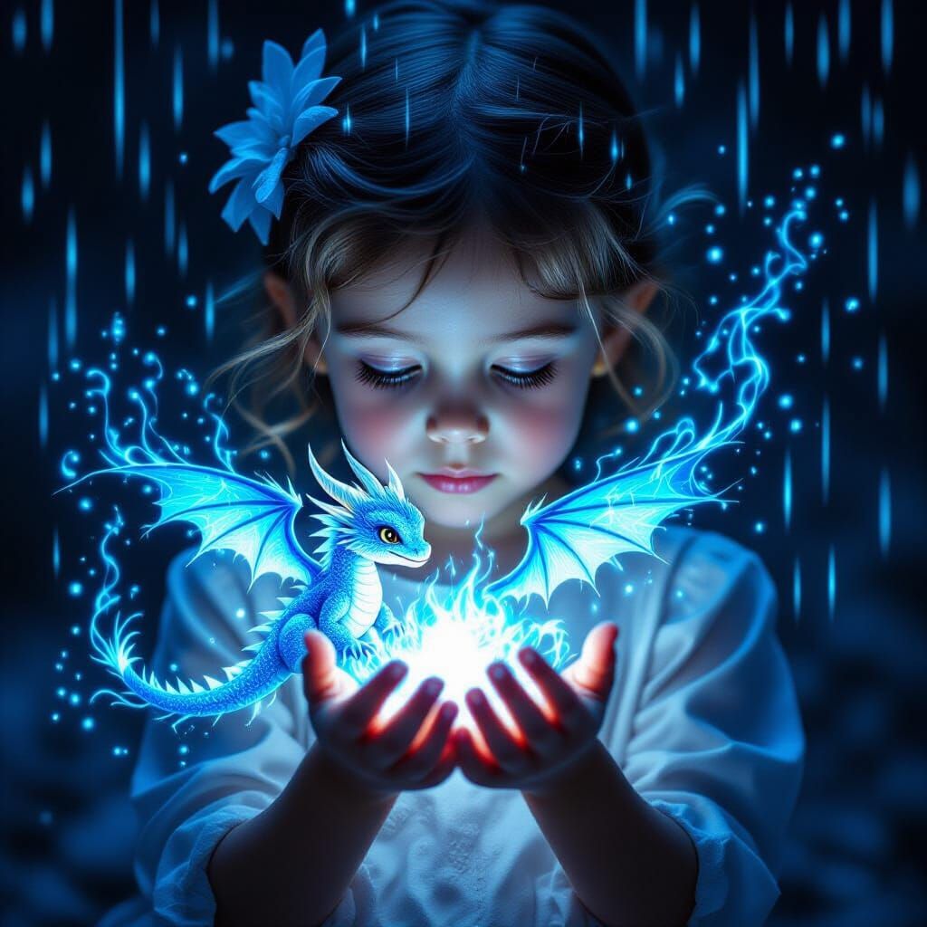 Girl Holds Glowing Dragon Energy in Blue Monochrome
