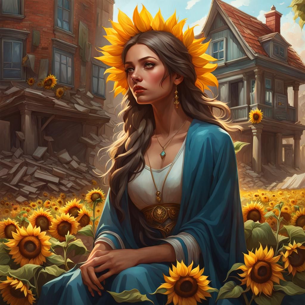 Sorrowful Woman in Ruins with Sunflowers