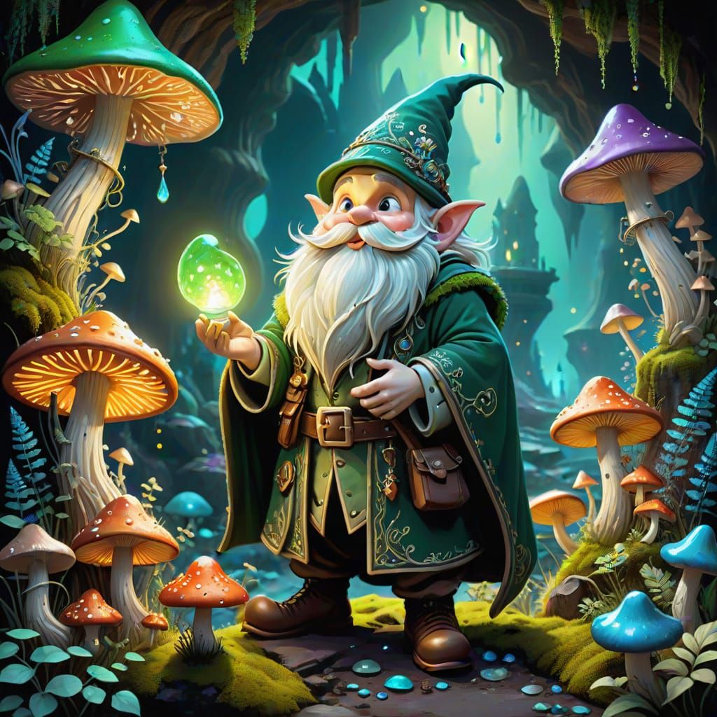 Mystical Gnome Alchemist in a Bioluminescent Realm