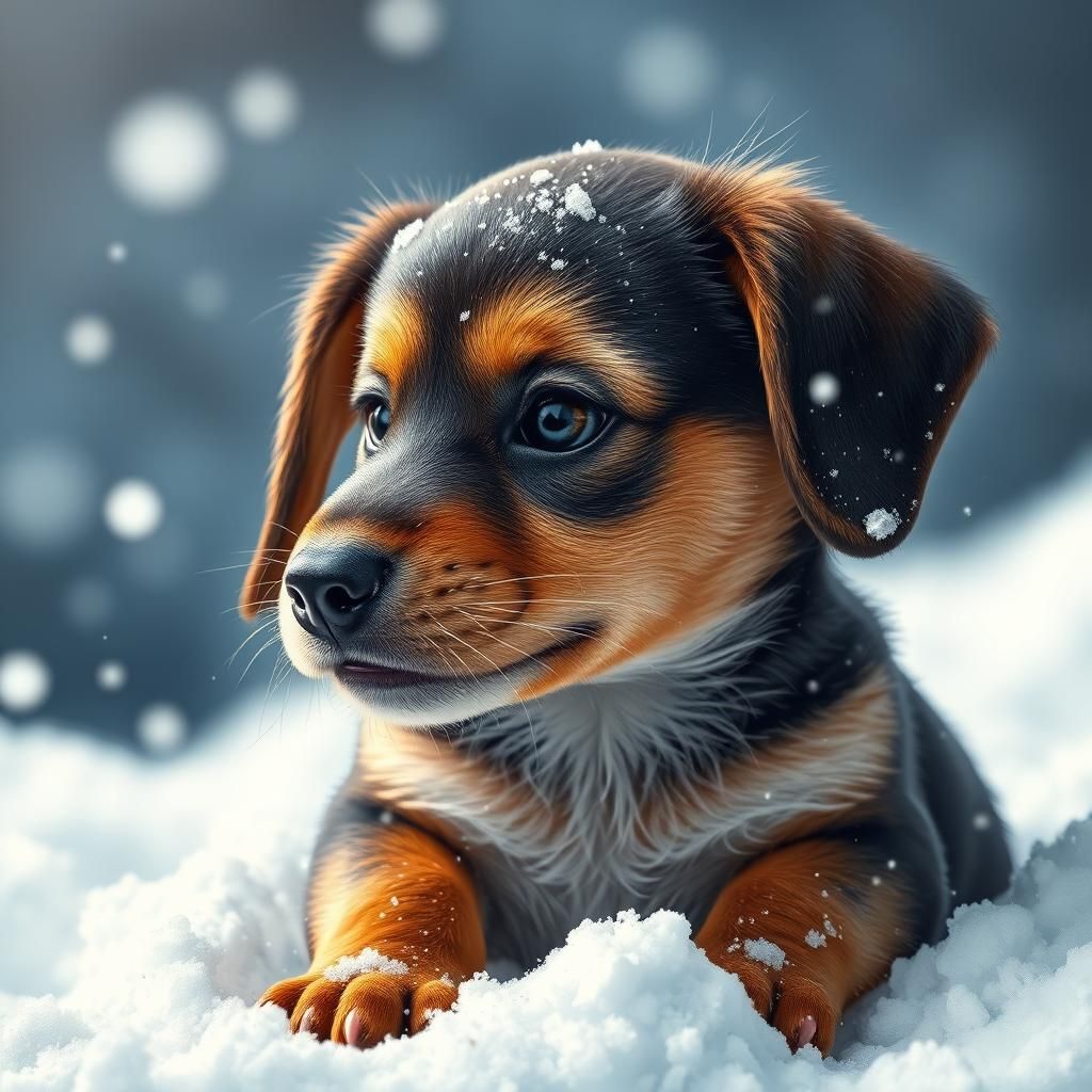 Adorable Dachshund Puppy in Snow, Hyperrealistic Art