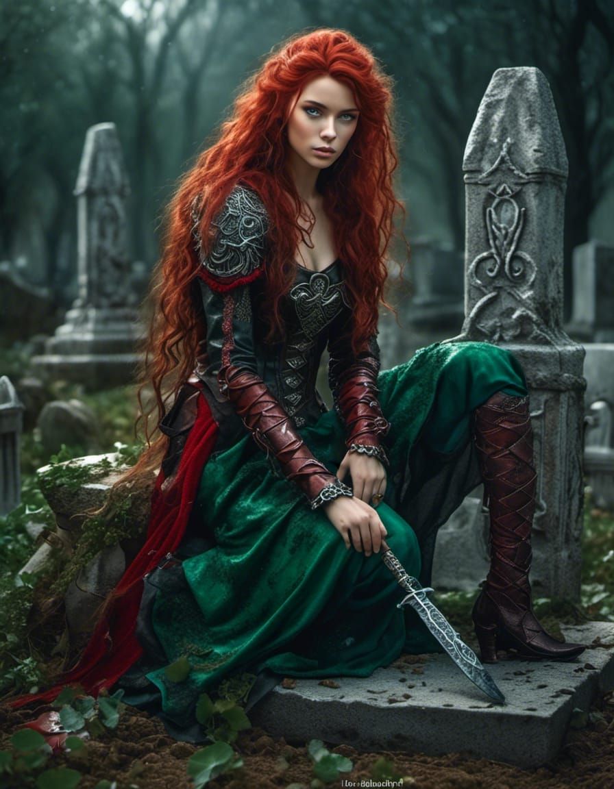 Half-Elf Witch in Cemetery, Airbrush Style