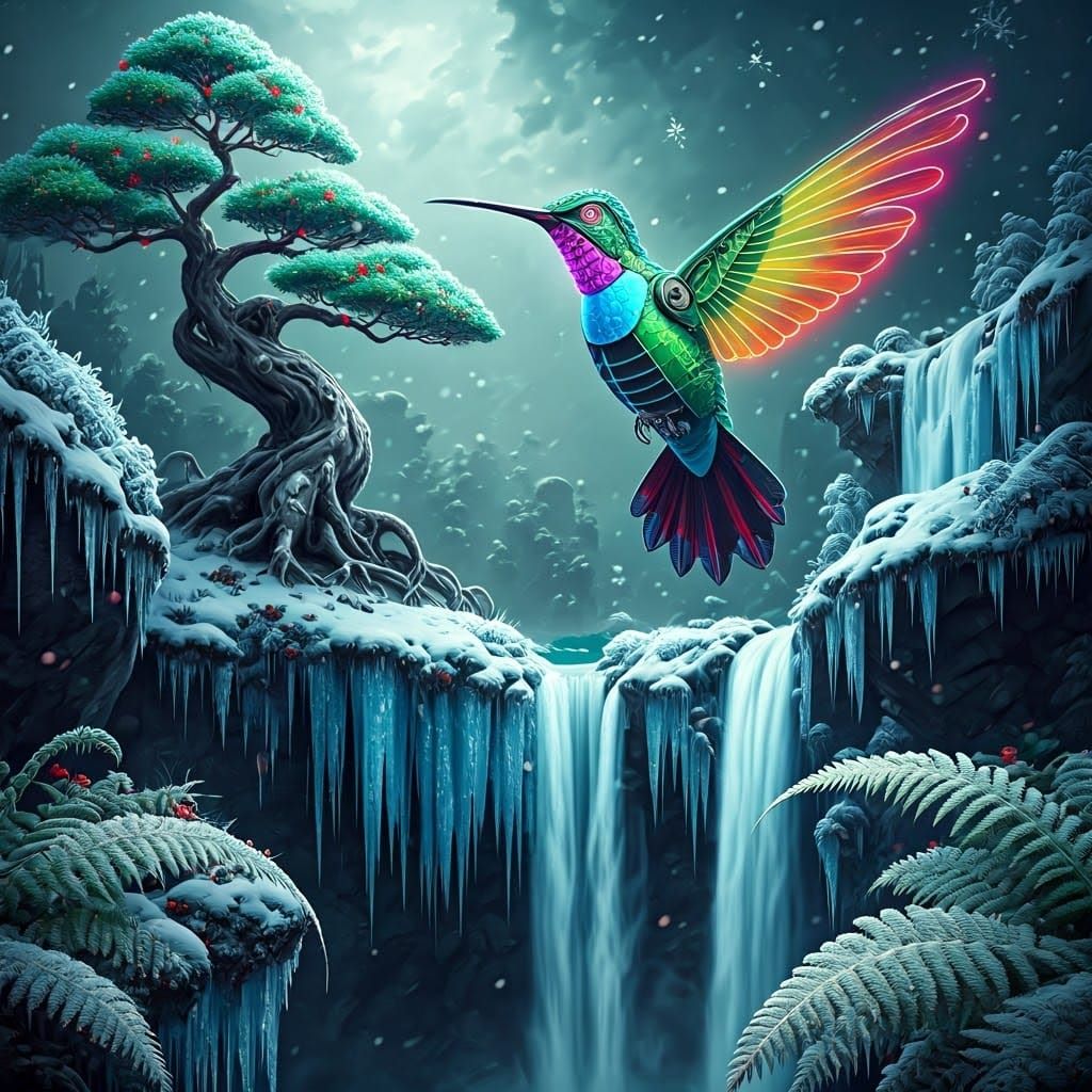 Mechanical Hummingbird in Frozen Bonsai Blizzard